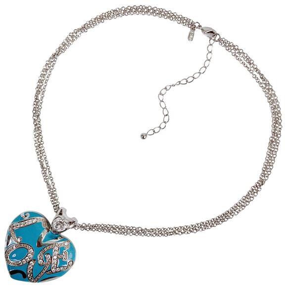 PJM Blue Enamel Heart Love Pendant Necklace CZ/Crystal Rhinestones Reversible - Picture 3 of 13